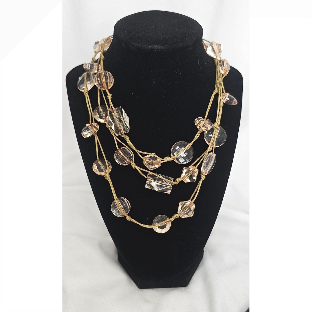 Pink Faceted Bead‎ Multi Strand Knotted Cord Necklace Boho Geometric Heart Blush